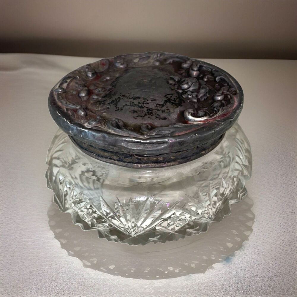 Antique Starburst Cut Glass Powder  Vanity Jar Sterling Lid Monogrammed 1910s